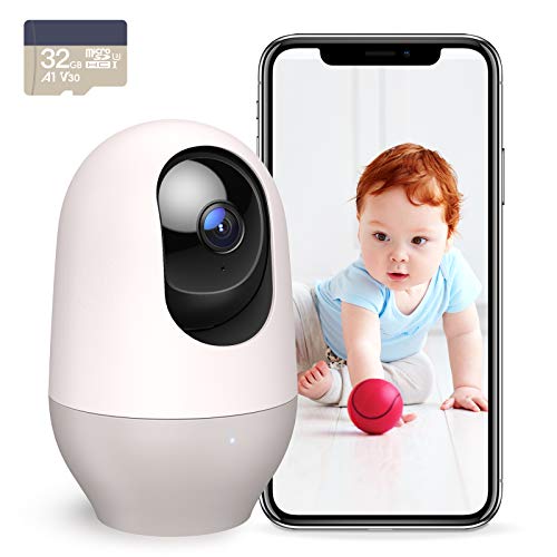 Nooie Câmara interior 2K com cartão micro SD 32 GB, câmara IP WiFi, vigilância 360 ° Pan/Tilt, visão noturna, deteção de movimento por som, áudio bidirecional, compatível com Alexa
