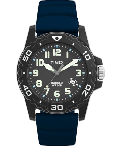 Timex Main Street Relógio masculino de 42 mm, bracelete de silicone azul, mostrador preto, caixa preta TW5M61100, azul, Correia