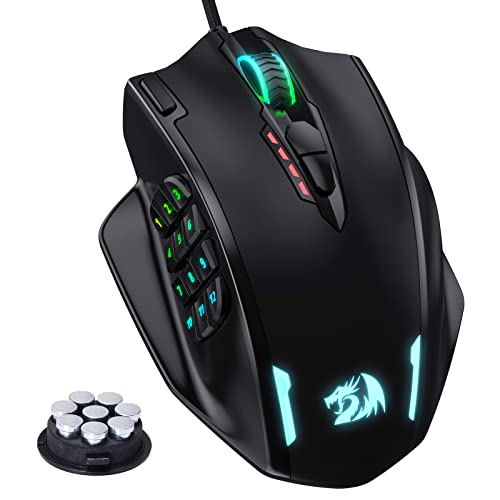 Redragon M908 Impact RGB - Rato Gaming para jogos MMO - Botões laterais - sensor ótico com 12,400 DPI, rato para Windows de alta precisão, 19 botões programáveis