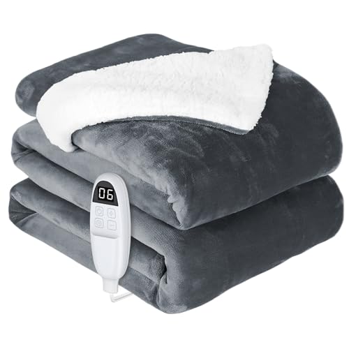 anysun Manta elétrica, manta térmica grande 200 x 180 cm, 6 níveis de calor, temporizador de 10 horas, fecho automático, toalha elétrica para cama sofá casa, lavável na máquina