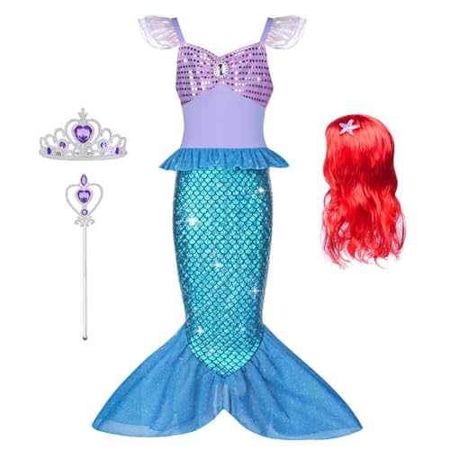 AOOWU Disfarce sereia menina, disfarce princesa menina da sereia com peruca, coroa e varinha mágica, disfarce sereia menina para Cosplay, disfarce de Halloween menina para carnaval festa de