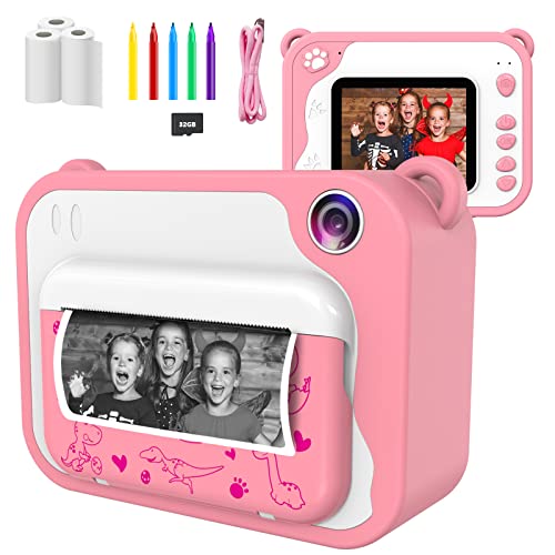 Ushining Câmara digital instantânea, 1080P com ecrã IPS de 2,4 polegadas, com cartão micro SD de 32 GB, presentes brinquedo para 3 a 12 anos crianças - rosa