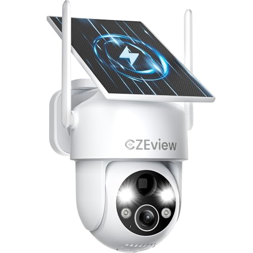 CZEview 2K Câmara de vigilância WiFi exterior solar, sem cabo com bateria, segurança câmaras vigilância domicílio WiFi, homem/PIR sereia, visão noturna cor, IP65 (branco)