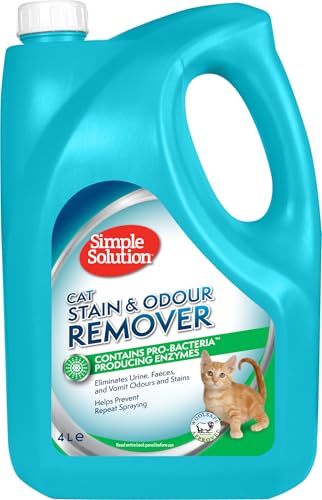 Simple Solution Removedor de manchas e odores de gatos, limpador enzimático com poder de limpeza pró-bactérias - 4 litros