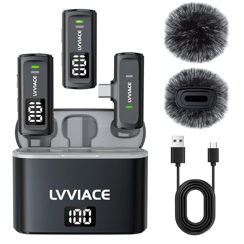 LVVIACE Microfone sem fios para telefones com portas USB tipo C, 40 horas de duração da bateria com a caixa de carregamento da tela digital do transmissor (USB tipo C)