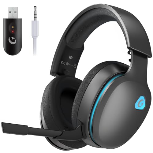 Gvyugke Auriculares sem fios para videojogos de 2,4 GHz para PC, PS5, Mac, Switch, som envolvente 7,1, Bluetooth 5,3, auriculares sem fios para videojogos com microfone, auriculares