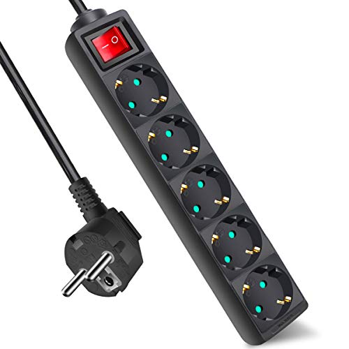 EXTRASTAR Extensão com 5 tomadas e interruptor, cabo 3 m, para casa, escritório e viagens, MAX 3680W, 16A, 250 V, preto, 1 unidade