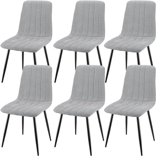 JIJIAN Conjunto de 6 cadeiras de sala de jantar, cadeiras estofada com tecido de linho e pernas de metal preto, design com riscas, cadeiras de sala de jantar para sala de jantar sala de estar quarto