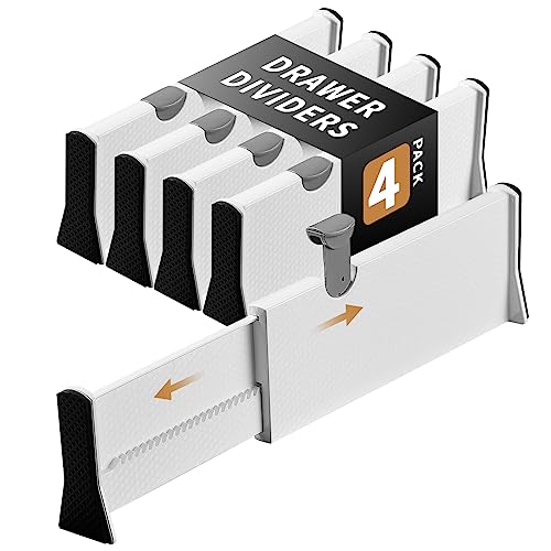 Cinnani Separadores de gavetas ajustáveis, conjunto de 4 separadores gavetas de plástico, expansível de 27,8 cm a 43,5 cm, divisórias para avetas, organizador gavetas separador para cozinha, casa de