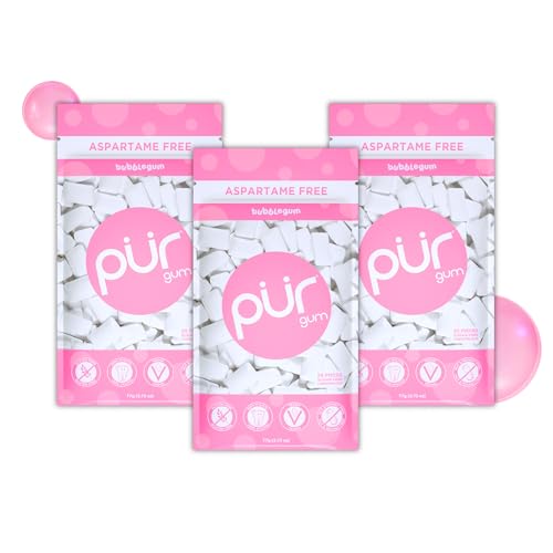 PUR Gum Maquete sem açúcar | com Xilitol | vegano, sem aspartamo e sem glúten, pastilha natural com sabor a Bubblegum, 55 peças (embalagem de 3)