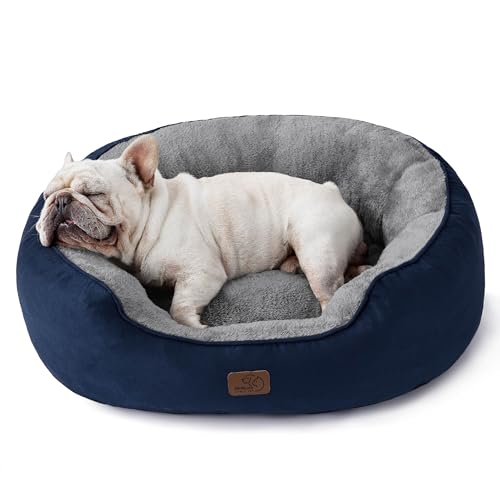 Bedsure Cama grande - redonda lavável, antiderrapante, para gatos e cães médios até 18 kg, interior azul-marinho 76 x 61 x 20 cm