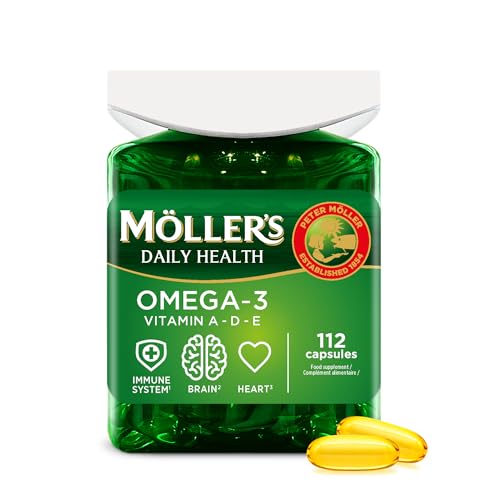 Moller's ® Cápsulas de ómega 3 | óleo de peixe, suplemento dietético nórdico com ómega 3 e EPA, DHA, vitaminas A, D e E, | Marca com 166 anos de história, Daily Health | 112 cápsulas