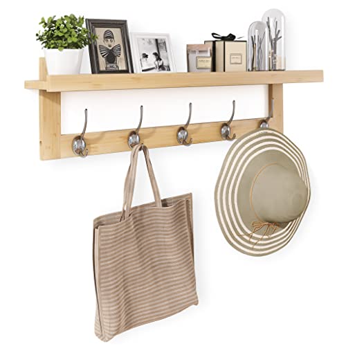SMIBUY Cabides com prateleira de parede, cabide de entrada de 74 cm para parede, prateleira pendente de bambu com 5 ganchos duplos de metal para casa de banho, quarto, cozinha, sala de estar, móveis