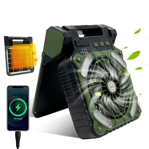 GY Ventilador solar de campismo, bateria recarregável USB 10400 mAh, potente de 4 velocidades ajustável, candeeiro ventilador LED, silencioso com temporizador