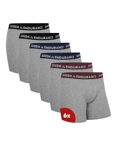 DANISH ENDURANCE Conjunto de 6 boxers de algodão para homem, roupa interior, elásticos, ultra suaves, conforto superior, corte clássico, justos, preto, cinzento, azul marinho