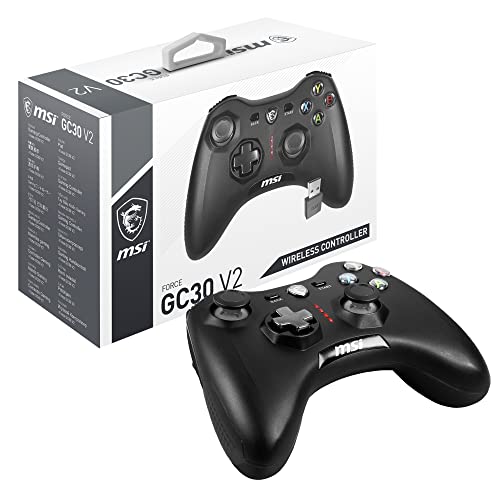 MSI FORCE GC30 V2 Controlador Gamepad sem fios para PC, 2,4 GHz, bateria 600 mAh Li-Ion, capas D-Pad intercambiáveis, 2 motores de vibração, USB 2.0 - com cabo / sem fios