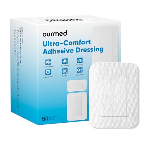 Ourmed Apósitos estéreis para feridas de 5 x 7 cm, pensos estéreis autocolantes com forte aderência, protegem contra cortes e arranhões, removidos sem dor, 50 unidades