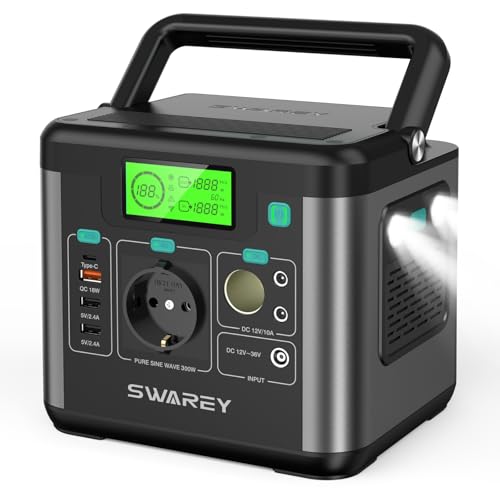 SWAREY Gerador solar portátil, estação de energia de 222 Wh, saída CA de 300 W (pico de 600 W), porta USB-C de 65 W, bateria externa para campismo, viagens, pesca, RV