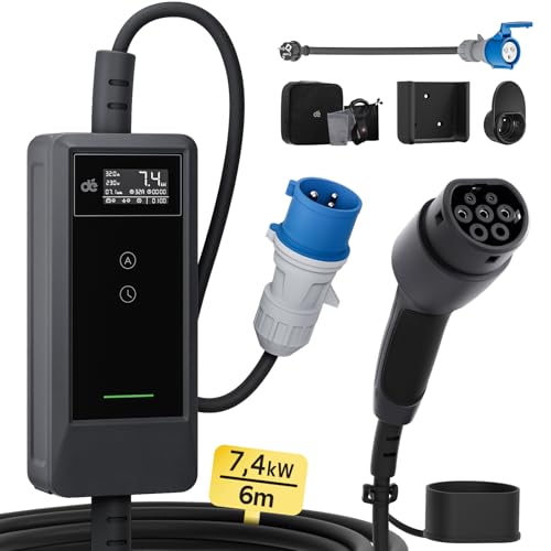 dé Carregador de carro elétrico 7,4 kW [6 m, 6 A-32 A, monofásico] Wallbox EV tipo 2 de 7 kW 32A, carregador de veículo elétrico 32a para modelo Y/3, GLC, Q3, Kuga, iX1, EX30, preto, Ionionion. Q 5