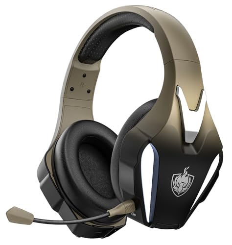 PHOINIKAS Auriculares Gaming sem fios, capacetes Gaming para PS4/PS5/PC, capacetes sem fios com microfone cancelamento de ruído removível, 7,1 estéreo, luz LED (dourado)