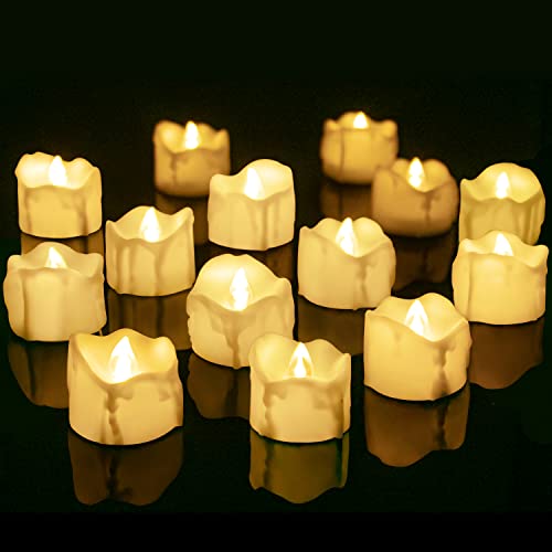 Velas LED sem fogo velas de chá, velas sem chama LED piscando luz amarela quente para casa festivais, decoração, casamentos e festas (14 peças com cera de gotejamento)