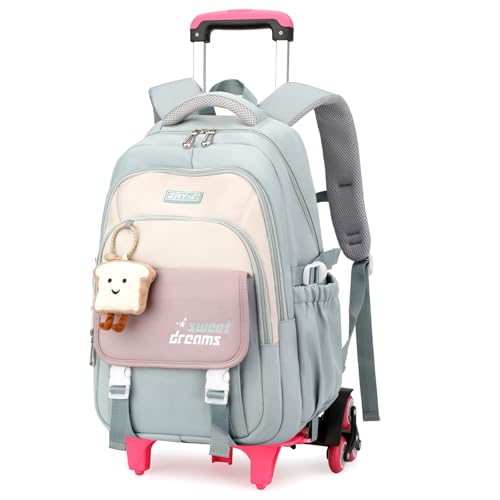 Amythe Mochila com rodas para menina, mochilas escolares carrinho para adolescentes, carrinho mochila de viagem para crianças, mochila portátil casual 36 L para menina e mulher com carrinho, verde