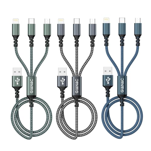 Multi cabo de carregamento [3 Pack 2 M] 3 em 1 multi USB carregador cabo de nylon cabo USB com micro USB tipo C Lightning de carregador carregamento rápido para Samsung Galaxy, Huawei, Honor, iPhone,