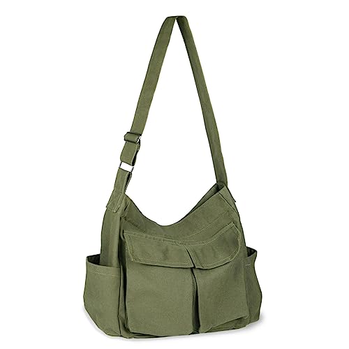 BROADREAM Bolsa de ombro de lona de grande capacidade, casual, de lona com vários bolsos, bolsa de ombro para homem e mulher