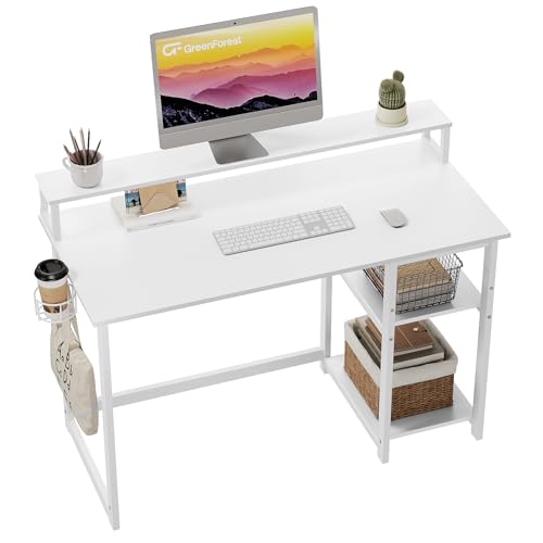 GreenForest Mesa de computador com suporte de monitor, mesa de escritório com prateleiras de armazenamento ajustáveis, pequena mesa reversível para estúdio, branco puro