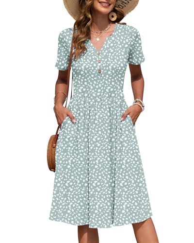AUSELILY Vestido de verão, manga curta, para mulher, comprimento até ao joelho, estilo império casual, com decote em V, plissado e bolsos