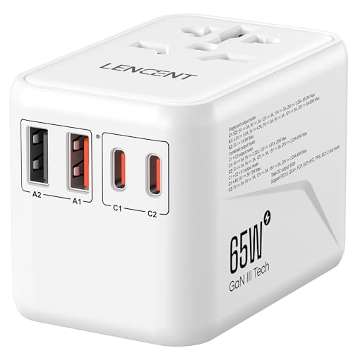 LENCENT Adaptador de tomada universal GAN III 65W, adaptador universal com 2 QC4.0 USB-A+ 2 PD3.0 tipo C PPS carregamento rápido, adaptador para iPhone, amsung, portáteis, EUA/UE/AUS, branco