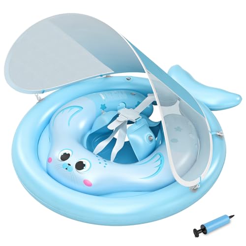 MYCARBON Flutuador bebé com guarda-sol UPF50 removível flutuador bebé insuflável 6-36 meses assento de natação insuflável com bola de equilíbrio para evitar voos