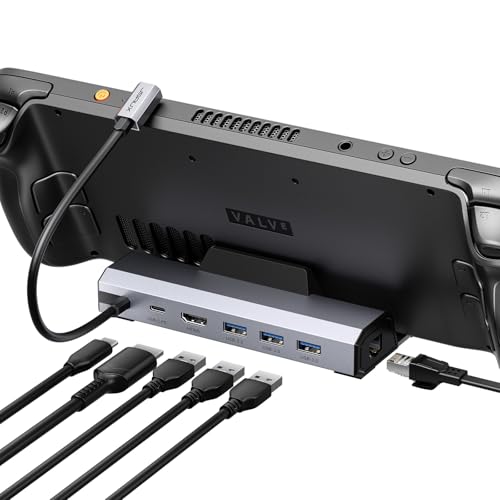 JSAUX 6 em 1 estação de acoplamento compatível com Valve Steam Deck/OLED/ASUS ROG Ally X/Legion Go S/MSI Claw, com HDMI 2.1 4K @120Hz, três portas USB 3.0, Ethernet Gigabit, carregamento de 100 W