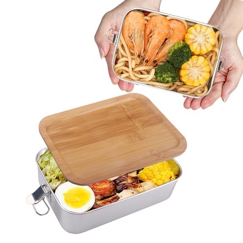 Rongxze 1400 ml Bento Box, Lancheira de aço inoxidável sem BPA, Lunch Box com tampa de bambu para crianças e adultos, lancheira de escritório à prova de fugas