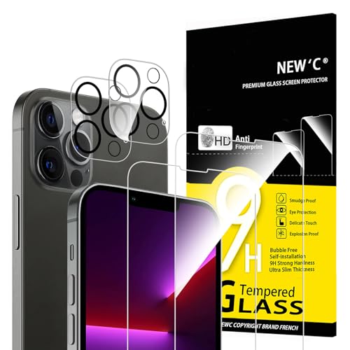 NEW'C 4 pacotes, 2 x protetor de ecrã para iPhone 13 Pro e 2 x protetor de ecrã protetor de lente de câmara - vidro temperado - anti-riscos, ultra resistente - vidro dureza 9H