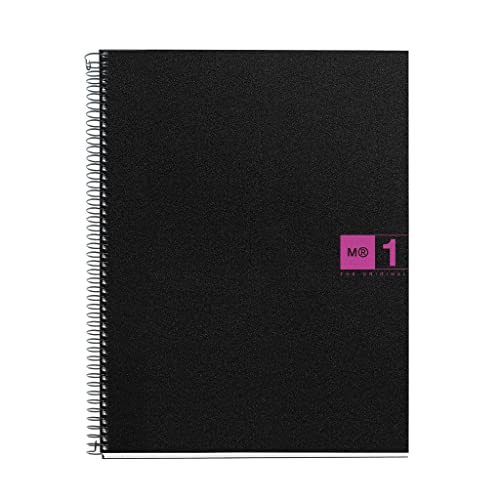 Miquelrius - Caderno A4 Notebook The Original, 80 folhas de 70 g/m² e 1 faixa de cor, riscas de 5 mm, 4 brocas, capa de polipropileno, cor preta / fúcsia