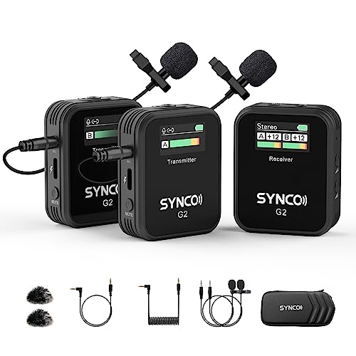 SYNCO Microfone Lavalier sem fio, G2 (A2) Clip de 2,4 GHz em lapela com sistema de microfone para smartphone câmara DSLR, microfones sem fios lapela