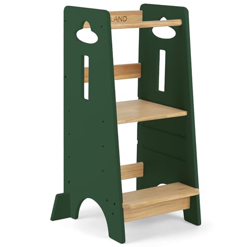 COSYLAND Torre de aprendizagem para crianças - torre de aprendizagem de madeira para bebés de 1 a 6 anos - altura ajustável em 3 níveis - 85 cm, madeira e verde floresta