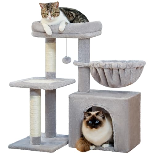 PAWZ Road Árvore para gatos pequena, torre para gatos de 71,8 cm para gatos de interior, rede grande e cabide superior removível, cinzento