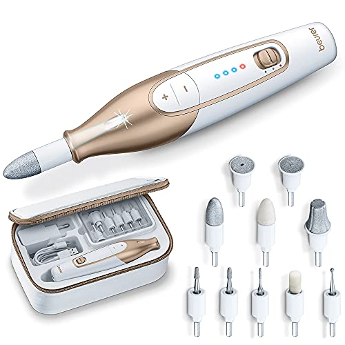 Beurer MP 64 Conjunto de manicure e pedicure profissional com bateria recarregável, torno para unhas sem fio, 10 acessórios para o cuidado das unhas, com luz LED