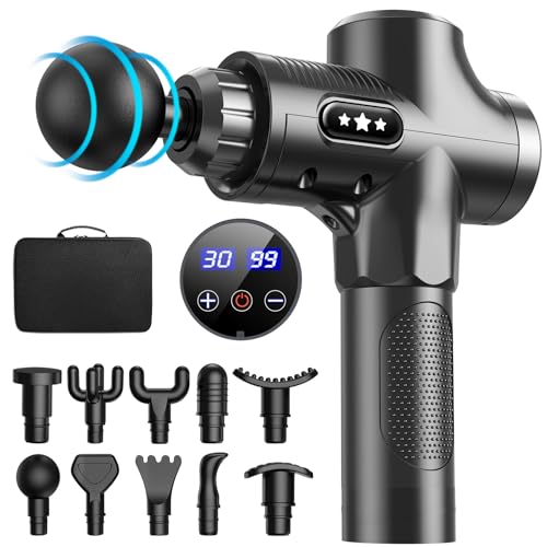 Pistola de massagem muscular, pistola massajadora muscular de tecido profundo ANSGEC com 30 velocidades e 10 cabeças de massagem, Massage Gun com ecrã LCD tátil para aliviar a dor muscular