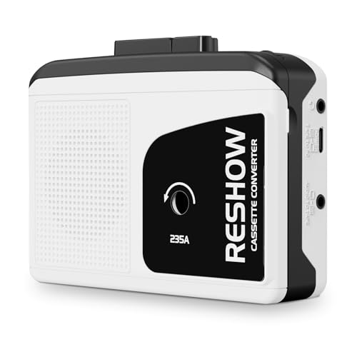 Reshow Reprodutor de cassete portátil, gravador de cassete MP3, microfone integrado, altifalante Loud, música de áudio via USB, gravação reversa em Cassette som estéreo branco