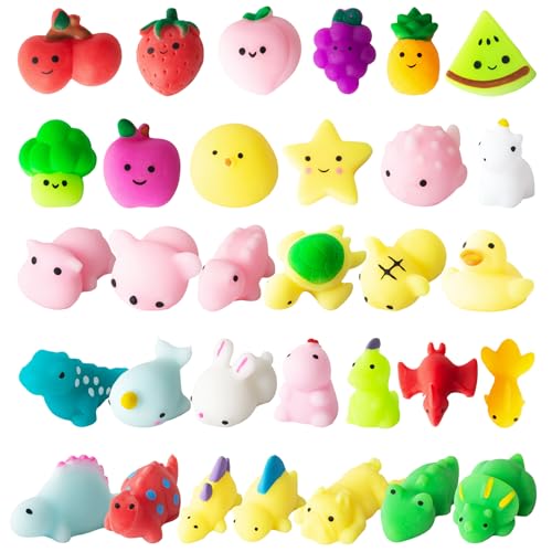 32 peças Mini Squishy Kawaii Squishys Brinquedo anti-stress, Squeeze Toys brinquedo de silicone dinossauro animais frutas, presentes de aniversário para crianças colégio prêmios recheio de batatas