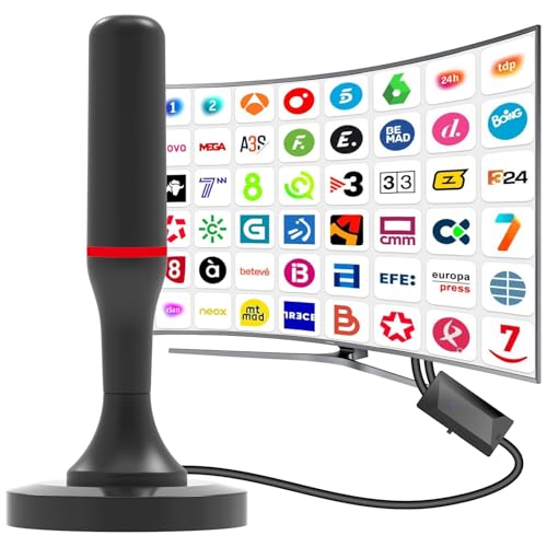 Antena TV interior, antena de televisão inteligente 460KM na recepção 360° base magnética resistente para, fácil instalação, suporta canais 4K/1080P, pode receber sinais DVB-T2 DVB-T