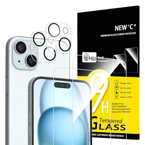 NEW'C 4 Pack, 2 x protetor de ecrã para iPhone 15 Plus (6,7") e 2 x protetor de ecrã protetor de lente de câmera - vidro temperado - livre de bolhas - ultra resistente - vidro dureza 9H