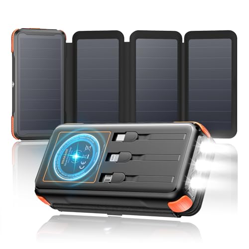 Carregador solar Power Bank 25000 mAh, SOARAISE 20 W bateria externa carregamento rápido sem fios com 3 cabos e 4 painéis solares, PD QC 3.0 USB C com lanterna LED para campismo
