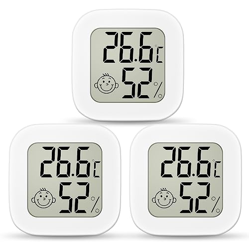 Ainiv Higrómetro digital térmico, 3 peças mini termómetro interior do higrómetro, ecrã LED com logótipo de conforto para termómetro ambiental para casa escritório quarto e jardim (branco)