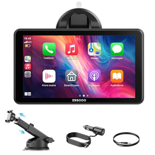 ESSGOO A-pple CarPlay & Android Auto, ecrã CarPlay IPS de 7 polegadas, com função Super Link, compatível com sistema mãos livres Bluetooth, Siri/G-oogle Assistant e porta de carregamento USB