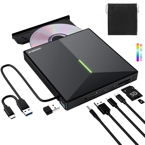 ORIGBELIE Gravador de CD de DVD externo com 4 portas USB e 2 ranhuras para cartões TF/SD, USB 3.0, portátil leitor CD externo para portátil, PC, Desktop, MacBook, Windows 11/10/8/7/Vista, Linux, Mac