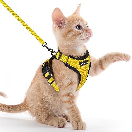 rabbitgoo Arnês para gatos anti-fuga com alça de 150 cm, arnês de gato ajustável refletor, colete de tecido de malha macio e respirável, arnês de gato pequeno para caminhar treino, XXS, amarelo